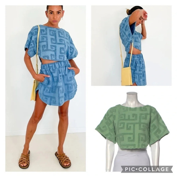 Lucy Folk Meandros Boxy Tee Agave Green Terry S Cropped - Picture 1 of 10